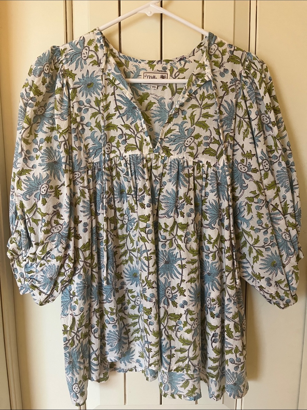 Mille Blue & Green Floral Puff-Sleeve Top